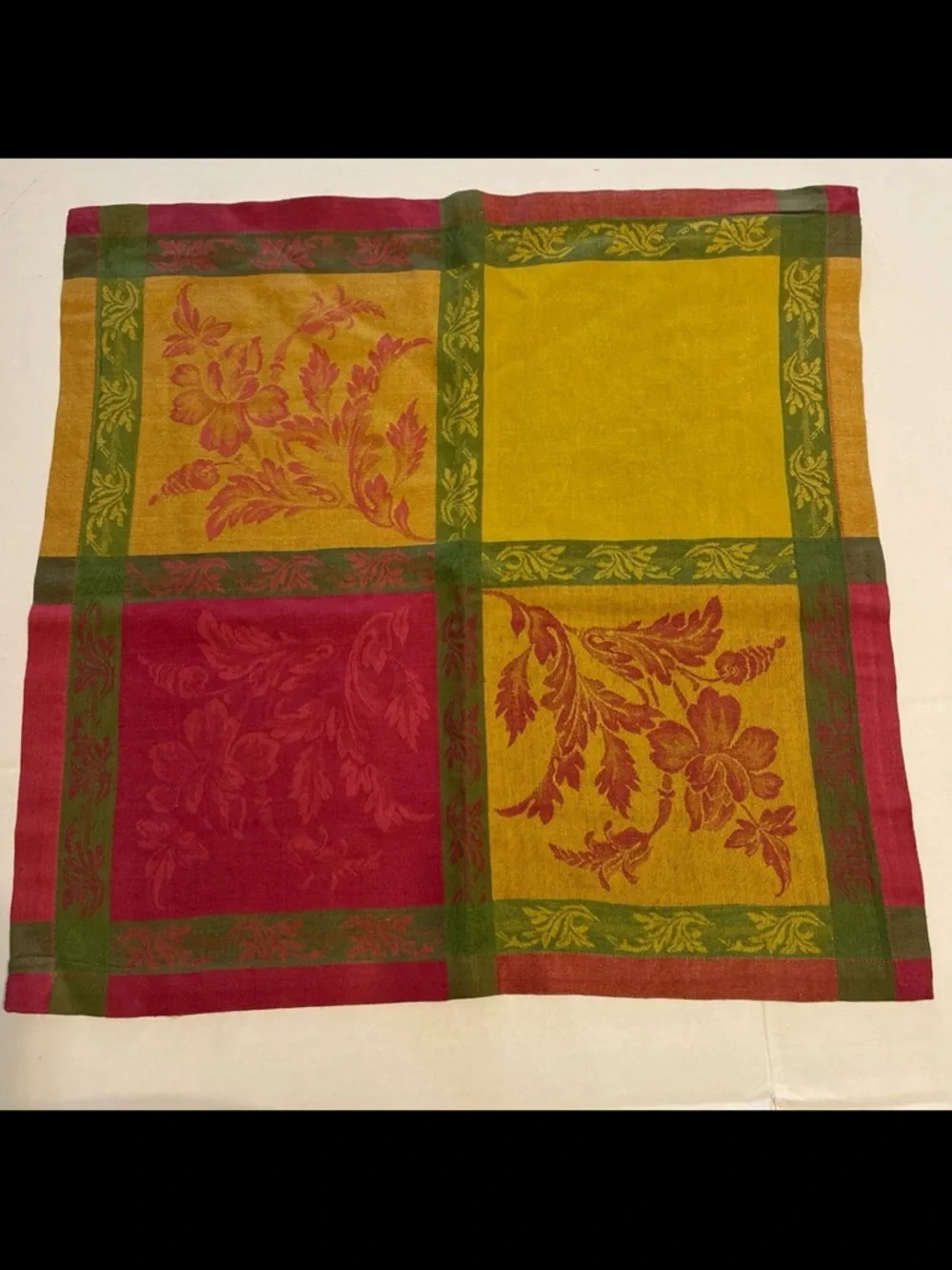 Williams-Sonoma Mustard Yellow and Burgundy Floral Napkins Set of 4 Linen Cotton